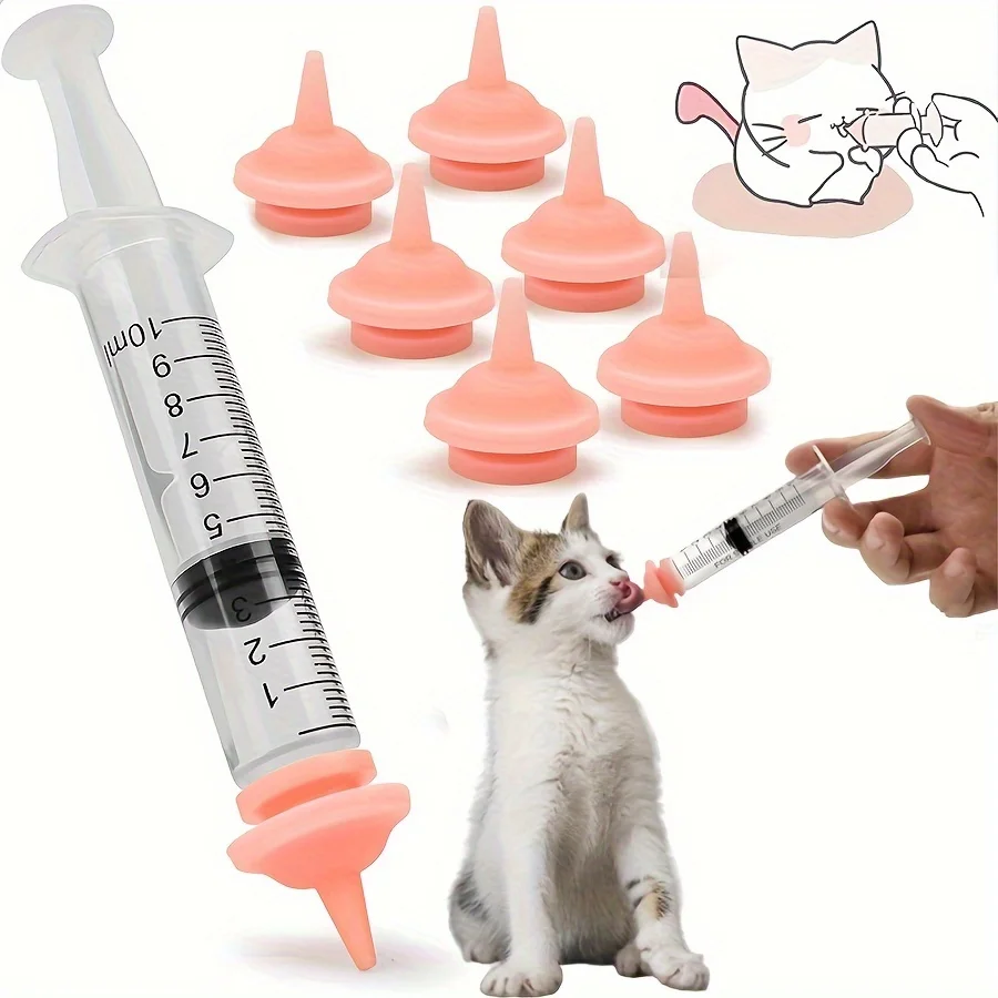 7 Packs of Pet Feeding Nipple for Kitten and Puppy Silicone Feeding Pacifier for Pets - Includes One 10ml Syringe