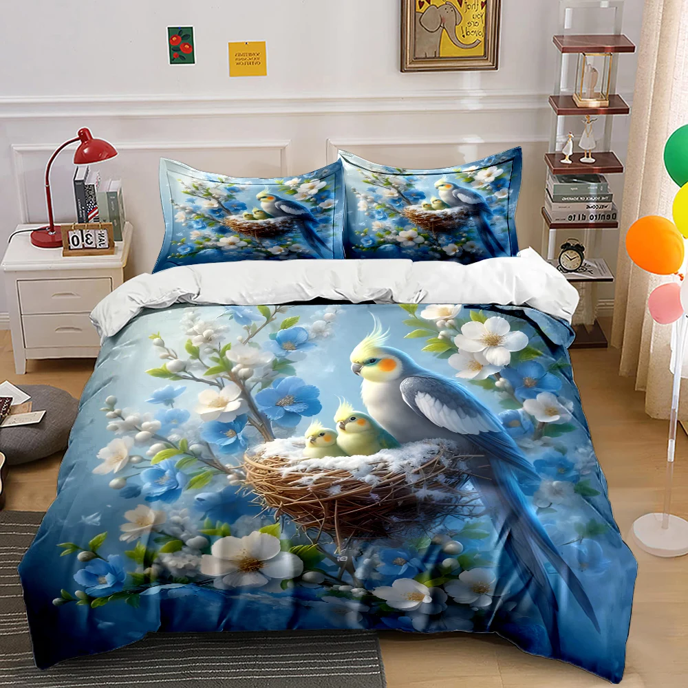 Nest and Parrots Among Blue Blossoms Print Soft Comfortable Duvet Cover Bedding Set Included 1*Duvet Cover  2*Pillowcases