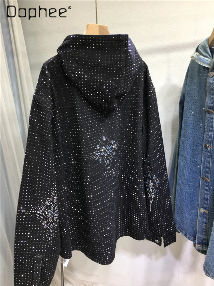 Giacca nera con strass pesanti da donna Cappotto con cappuccio di media lunghezza allentato blu denim lucido Giacca di jeans versatile monopetto