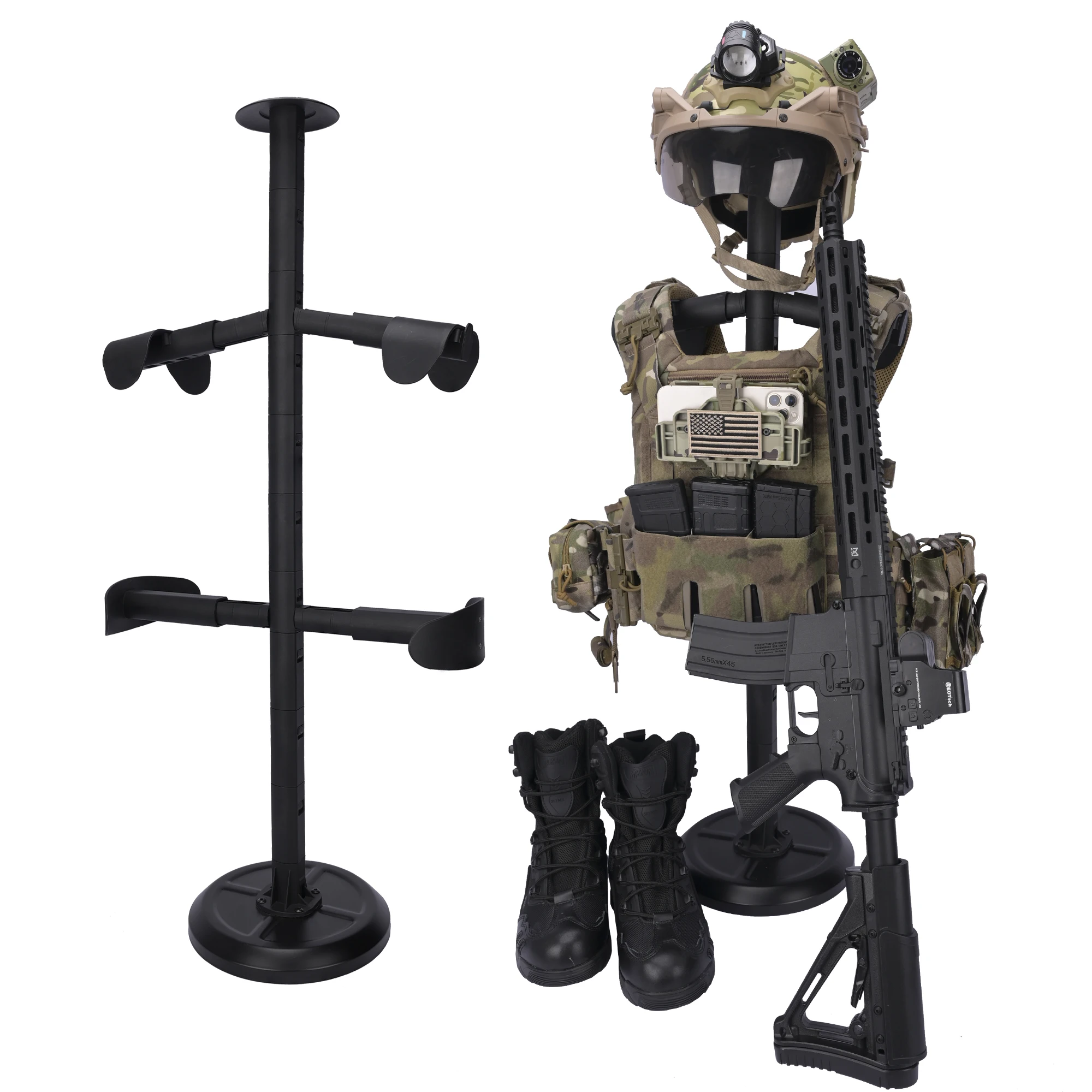 Stojak ekspozycyjny na taktyczny sprzęt służbowych na kamizelki kuloodporne, hełmy szybkie, pasy MOLLE, plate carrier, kamizelki myśliwskie i airsoftowe.