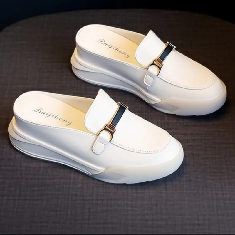 

Women Leather Slippers Summer Height Increased Thick Sole Slippers Metal Decoration Half Slipper Slip On Shoes Chanclas Mujer