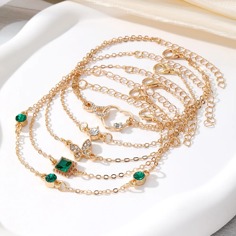 New Luxurious Geometry Square Green Crystal Bracelets Women Fashion Exquisite Butterfly Love Heart Metal Bracelets Set Jewelry