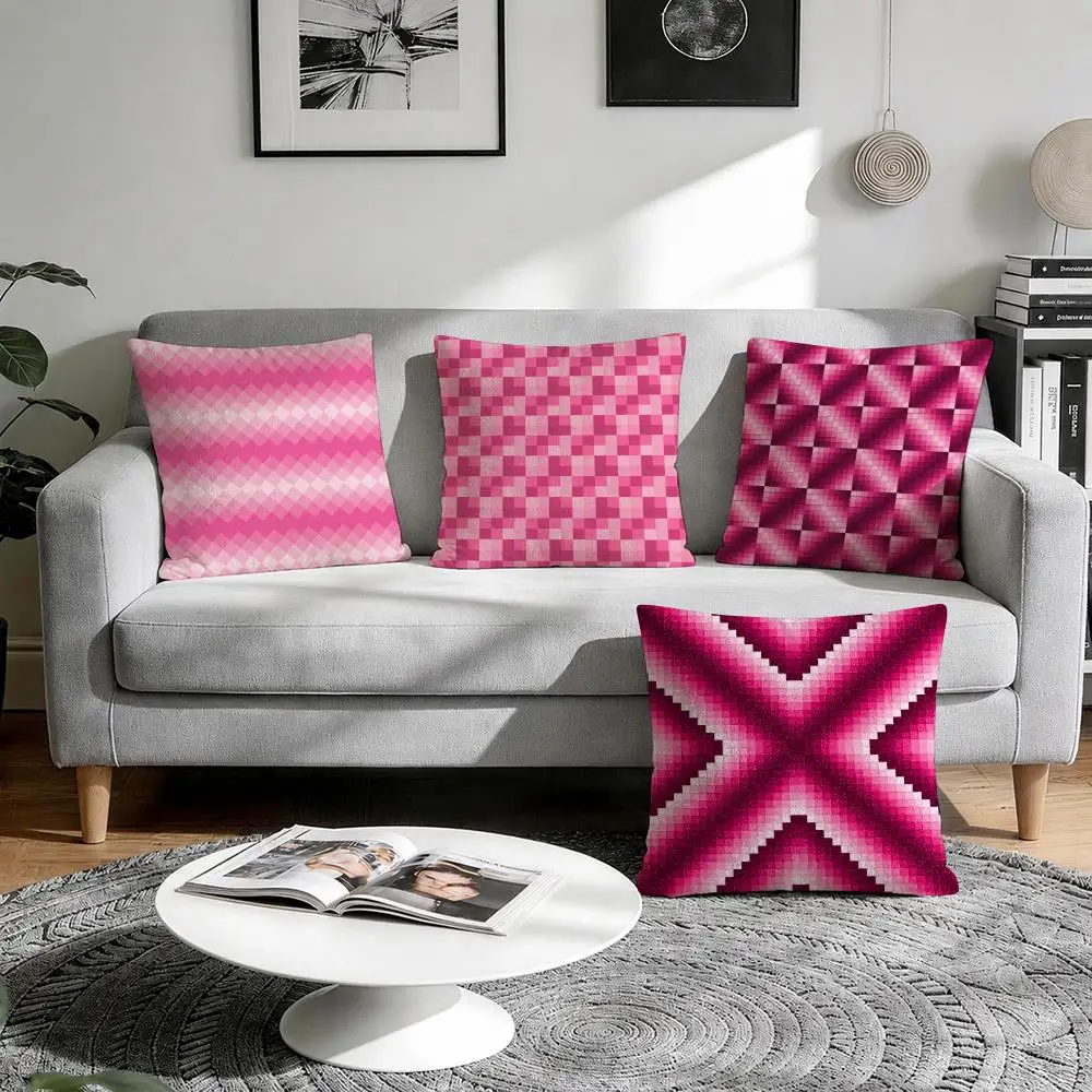 pink diamond pattern Cushion Cover Natural Breathable Durable Linen Printed Decor Pillow Case Sofa Bedroom