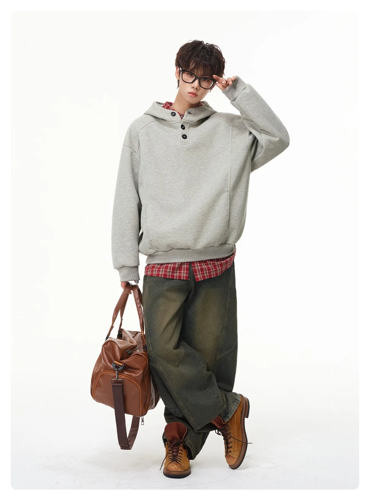 Autumn Winter New Button Half High Neck Hoodie for Men Korean Fashion Harajuku Simple Solid Men's Casual Loose Hooded Sweatshirt