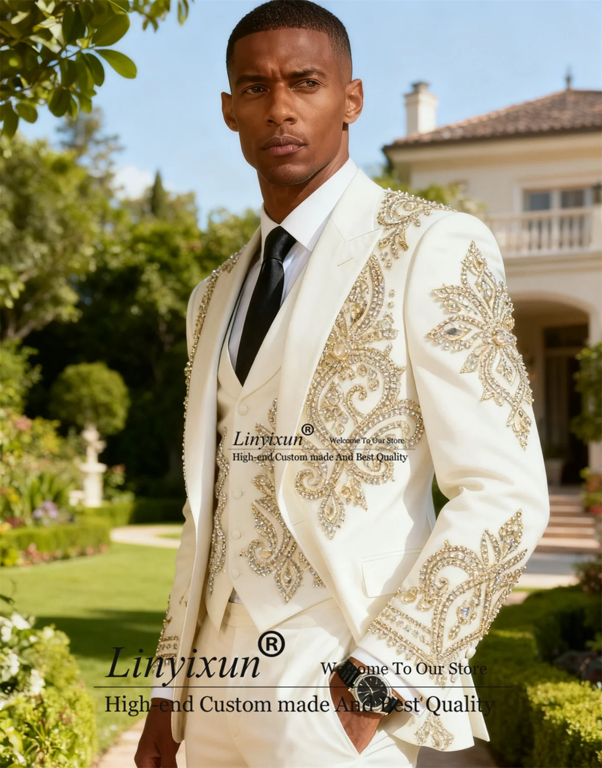 

Sparkly Diamond Beaded Men Suits Customized 3 Pieces Sets Groom Male Blazers ropa hombre Handsome Slim Fit Wedding Party Tuxedos