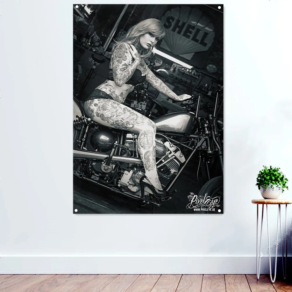 

Sexy Tattoo Babes Motorcycle Art Posters and Prints Wall Hanging Flag Wall Decorative Banner for Home Pub Club Bar Room Garage