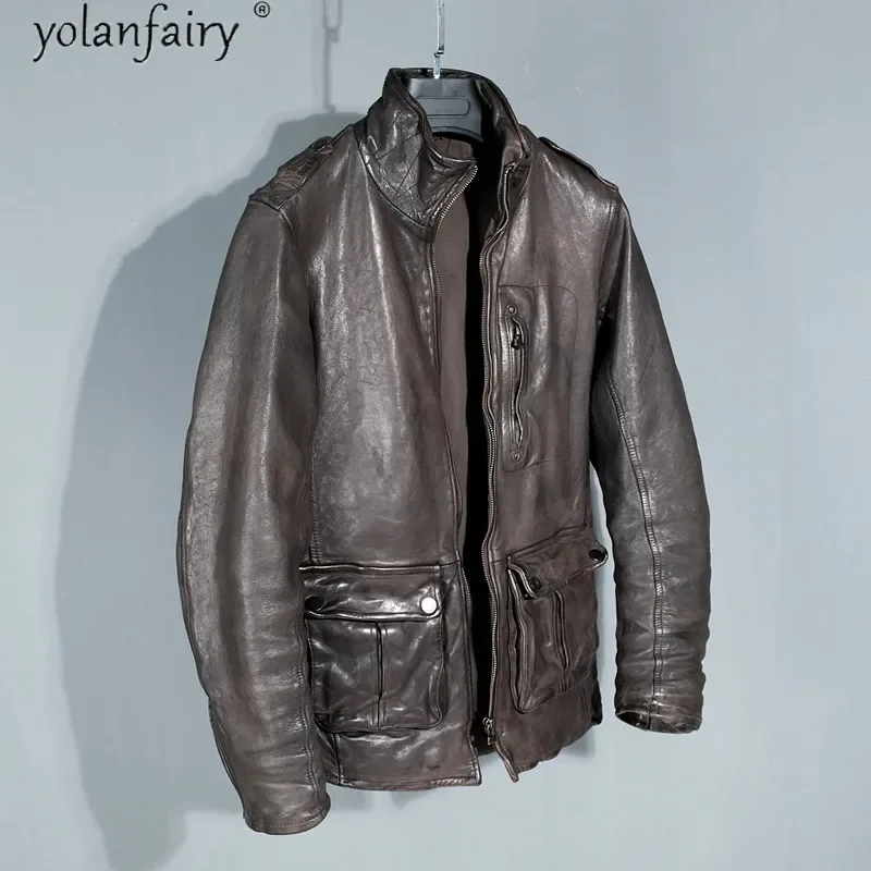 

YOLANFAIRY 2020 Men's Genuine Leather Jacket Men Clothes Vintage Sheepskin Coat Man Autumn Motorcycle Jackets Veste Homme KJ