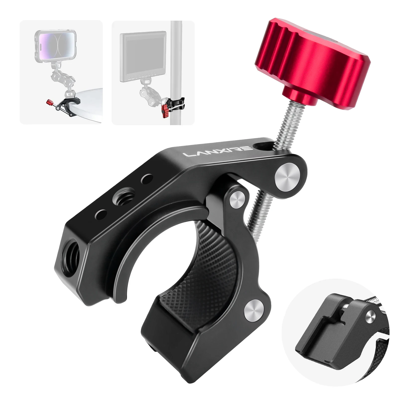 

Lanxire Super Clamp with Cold Shoe and 1/4" 3/8" Threaded Holes, Max Load 2kg, Camera Clamp Mount for Photography Accessories