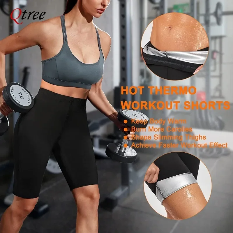 Qtree النساء الحرارية محدد شكل الجسم بنطلون تنحيف طلاء الفضة فقدان الوزن مدرب خصر حرق الدهون عرق ساونا Capris طماق