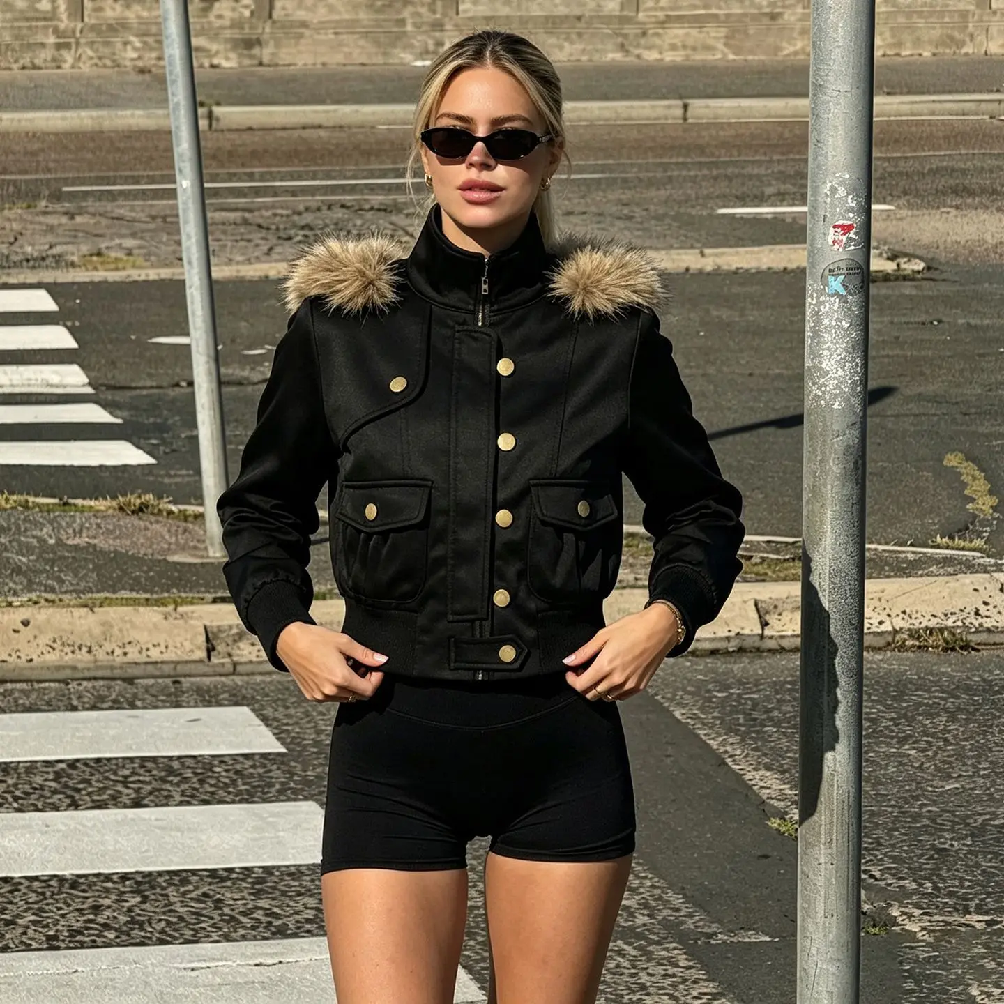 American Street Style Fluff Splicing Hooded Long-sleeved Short Jacket Autumn and Winter Pocket Tooling Casual Jacket