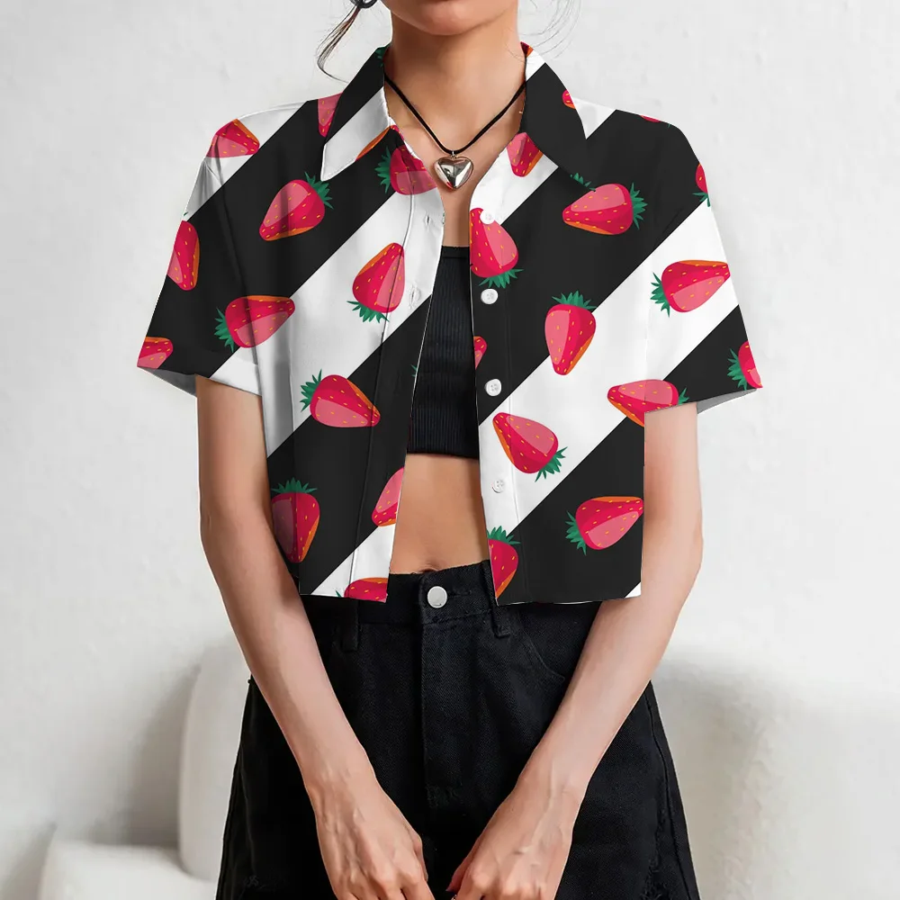 New Women\'s Short Sleeves Shirts Black & White Striped Strawberry Printed Navel Exposed Shirts Casual Crop Tops Summer Versatile