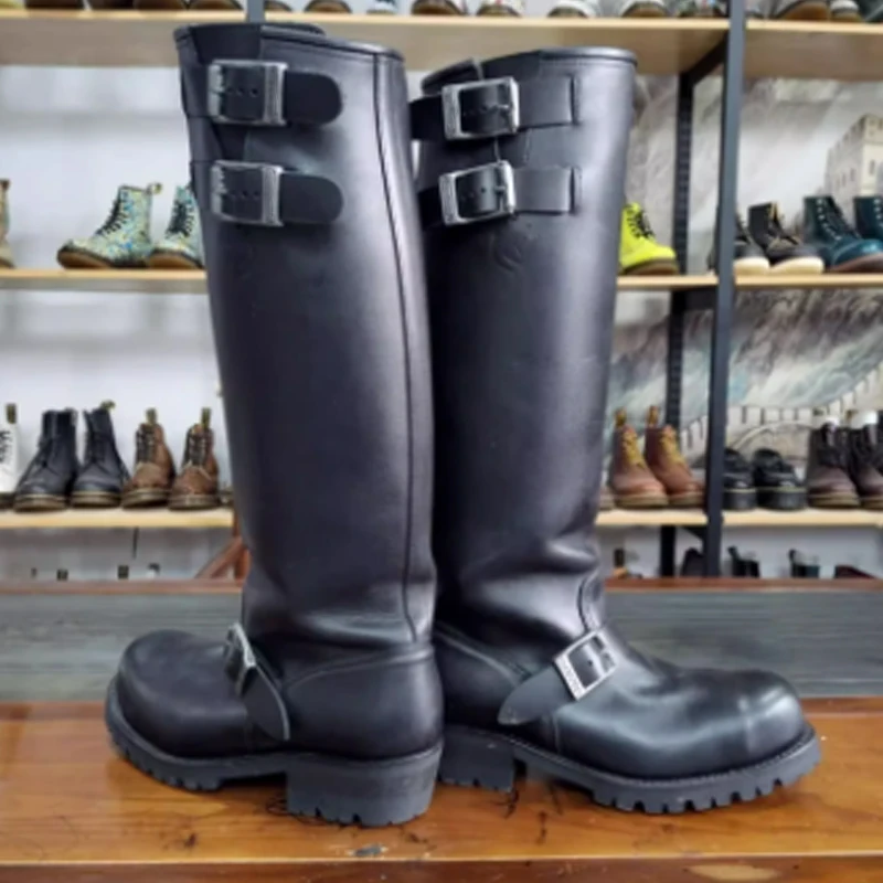 

Черные сапоги до колена с пряжкой и ремешками, мужские зимние ботинки 2026, нескользящая подошва, ботинки для верховой езды на массивном каблуке, повседневные модные байкерские ботинки