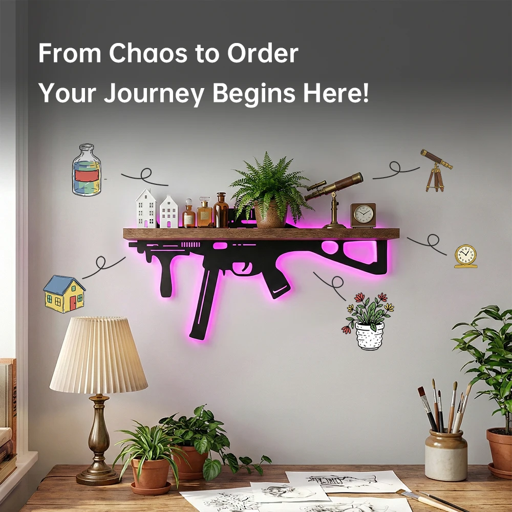 Wall Display Shelf LED Wooden Arch Shelf,Wicca Crystal Holder Organizer,Wall Mount LED Silhouette Storage Shelf for Gaming Room