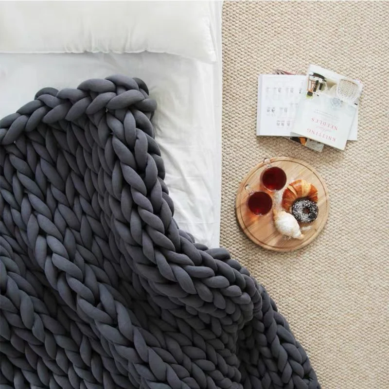 

Breathable Soft Thick Knit Blanket Handmade Chunky Throw Cotton Hand Woven Knitted Weighted Blanket