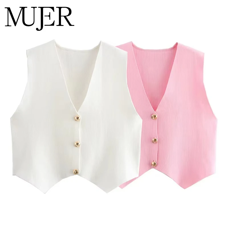 

MUJER 2025 Cropped Knit Vest Women Pink White Sleeveless Vest Woman V Neck Knitted Vest Top Female Waistcoat Summer Short Coats