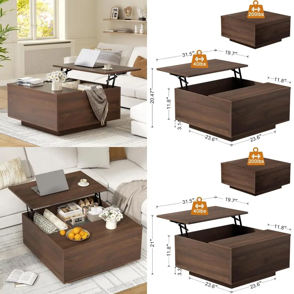 

Farmhouse Style Wood Lift Top Coffee Table with Hidden Storage, Square Shaped Table for Home Decor and Organization