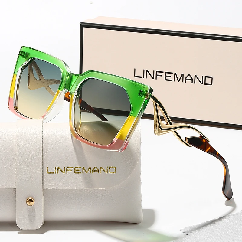 LINFEMAND Modische dekorative Sonnenbrille mit quadratischem Rahmen, UV400, einzigartige Metallbeindekoration, Sommer, Strand, Party, Tanz, Festival, Geschenk – Detail 9