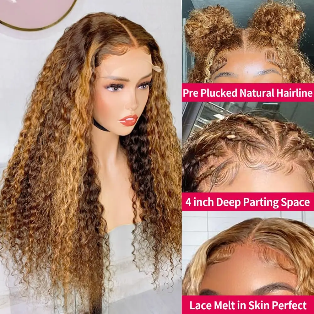 250D 360 Lace Frontal Wigs Human Hair 4/27 Deep Wave Ombre Highlight Lace Frontal Wig 360 Full Lace Wig Free Part Pre-Plucked