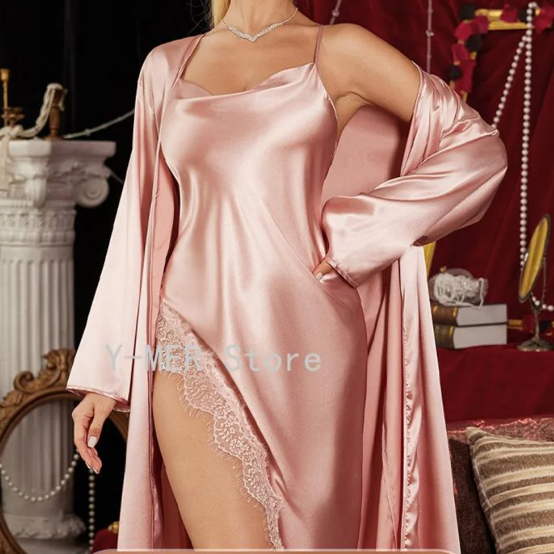New Female Twinset Robe Set Suspender Nightgown Sexy Split Lace Suspender Nightgown Mujer Lingerie Spring Summer Satin Homewear