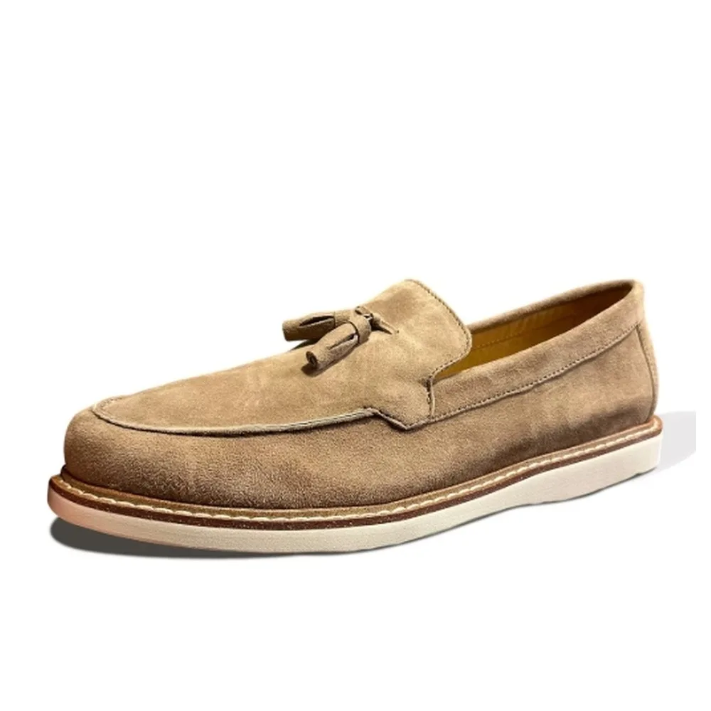 Men's Khaki Suede Tassel Loafers, Slip‑On Stitched Thick Sole Vintage Casual Dress Shoes