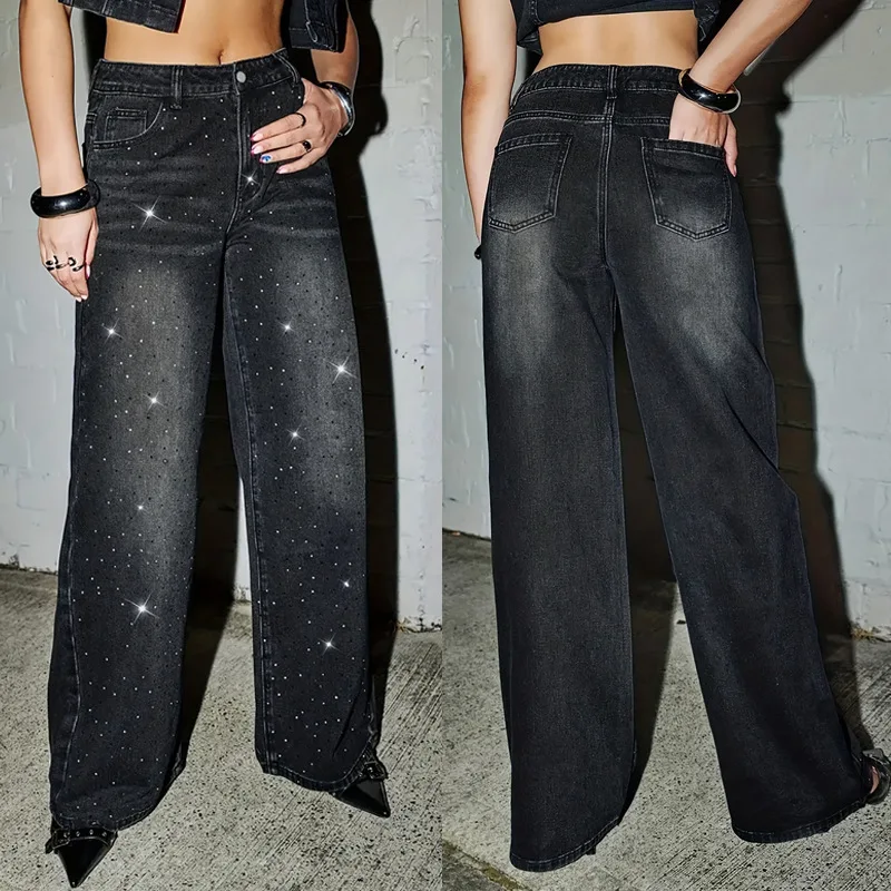 

Women Jeans Denim Jean Hot Fix Rhinestones Pocket Zipper Fly Full Length Wide Leg Pants Slight Strech Streetwear 2025 Spring