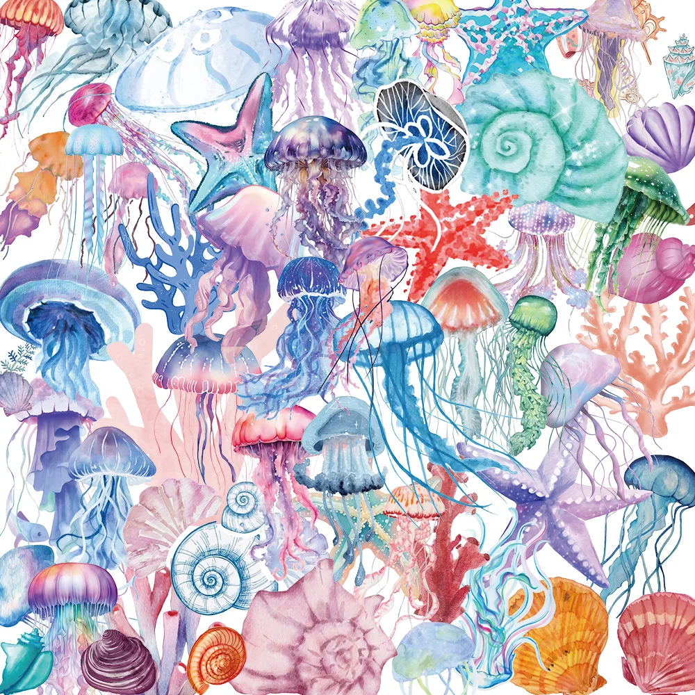 50PCS Set of Tropical Fish Graffiti Stickers Jellyfish Sea Star Shell Coral Stickers Decorative Frame DIY Waterproof Stickers image 6