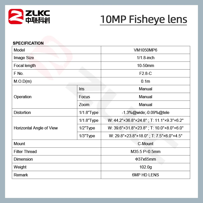 CCTV lens 1/1.8 6MP 10-50mm HD Manual Iris with Variable focal length Low distortion C-Mount lens for Machine Vision Cameras