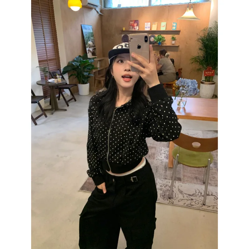 ¿Popular transfronterizo americano? Sudadera corta con capucha estampada por completo de lunares vintage para mujer primavera y otoño 2025 nuevo cárdigan exterior