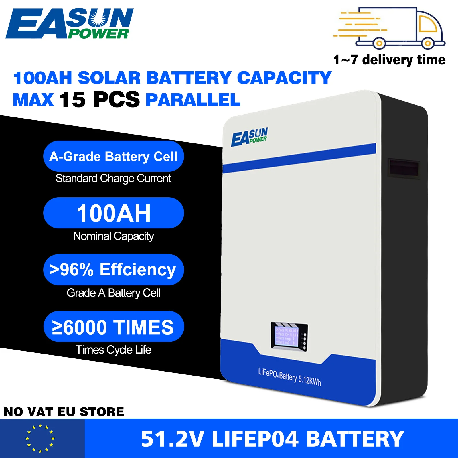 Easun Lithium Batterij 48V 100Ah 300Ah 15Kwh met Bluetooth BMS Lifepo4 Energieopslagbatterij Lange Levensduur EU 6000 Plus