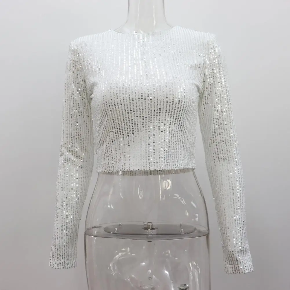 Damski top z cekinami i cekinami z długim rękawem dla kobiet z okrągłym dekoltem i luźnym krojem Tee Shirt o wąskim kroju