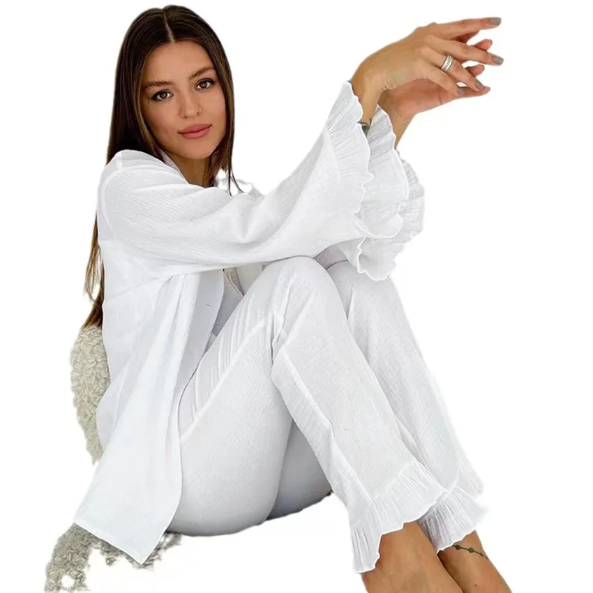 طقم بلوزات وسراويل فضفاضة طويلة مع حزام تي شيرت قطعة ملابس منزلية مادة قطنية مجموعة ملابس الخريف النسائية #5