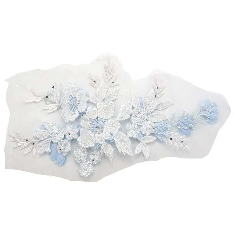 

TEXU 4X Beaded Hot Drilling Lace Bridal Beaded Flowers Embroidery Patches Sky Blue