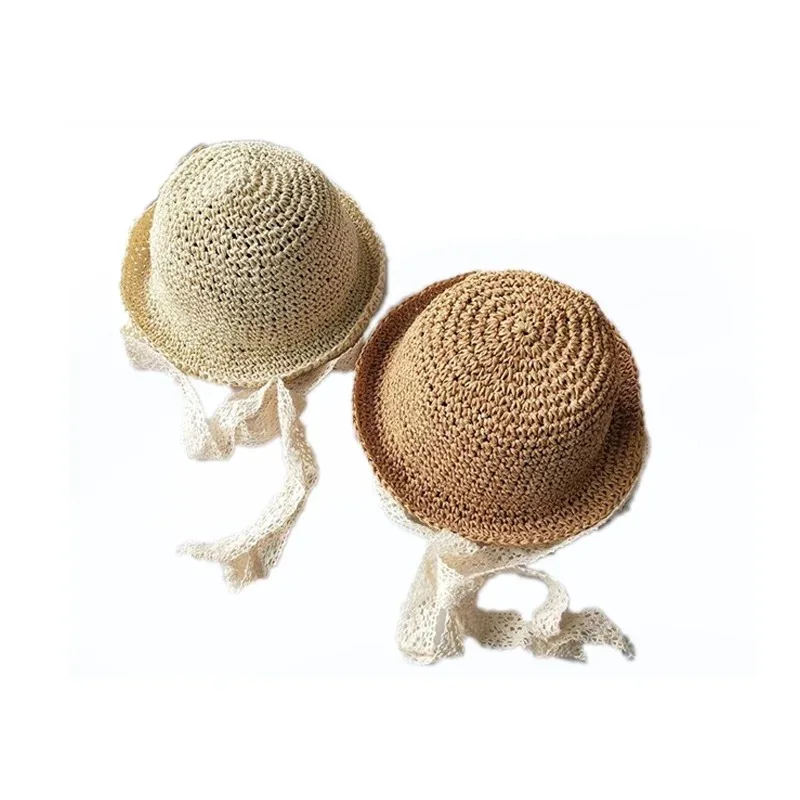 Summer Korean Baby Boy Girl Straw Hats Lace Strap Crochet Children Handmade Foldable Sun Cap Lace Beach Sun Outdoor Hat view 4