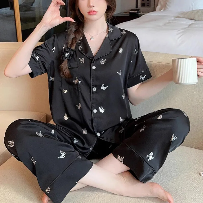 Butterfly Print Pajamas Set for Women Summer Room Wear Setup Satin Silk Pajamas Pajama Sleepwear Loungwear Pants Set Home Suits