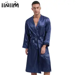 Sexy Mens Silky Satiny Bathrobe Nightwear Long Sleeve Open Front with Waist Belt Side Pockets Kimono Mid Robe Pajamas Nightgown