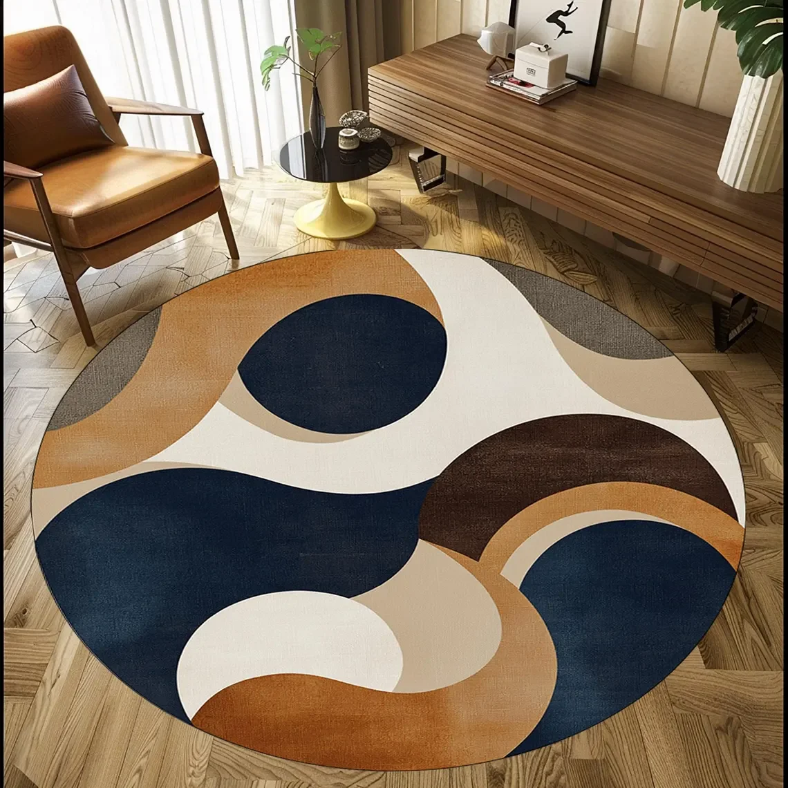 

Geometric Mid Century Modern Round Rug - Anti-Slip, Washable Area Carpet for Kitchen, Living Room, Bedroom