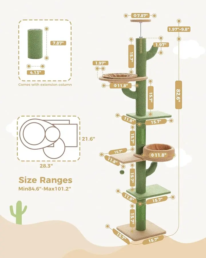 ارتفاع قابل للتعديل لشجرة القطط من الأرض إلى السقف من PEQULTI (87 بوصة - 100 بوصة)، 5 مستويات برج صبار للقطط مع أرجوحة قابلة للاستبدال، 4.1 بوصة S #5