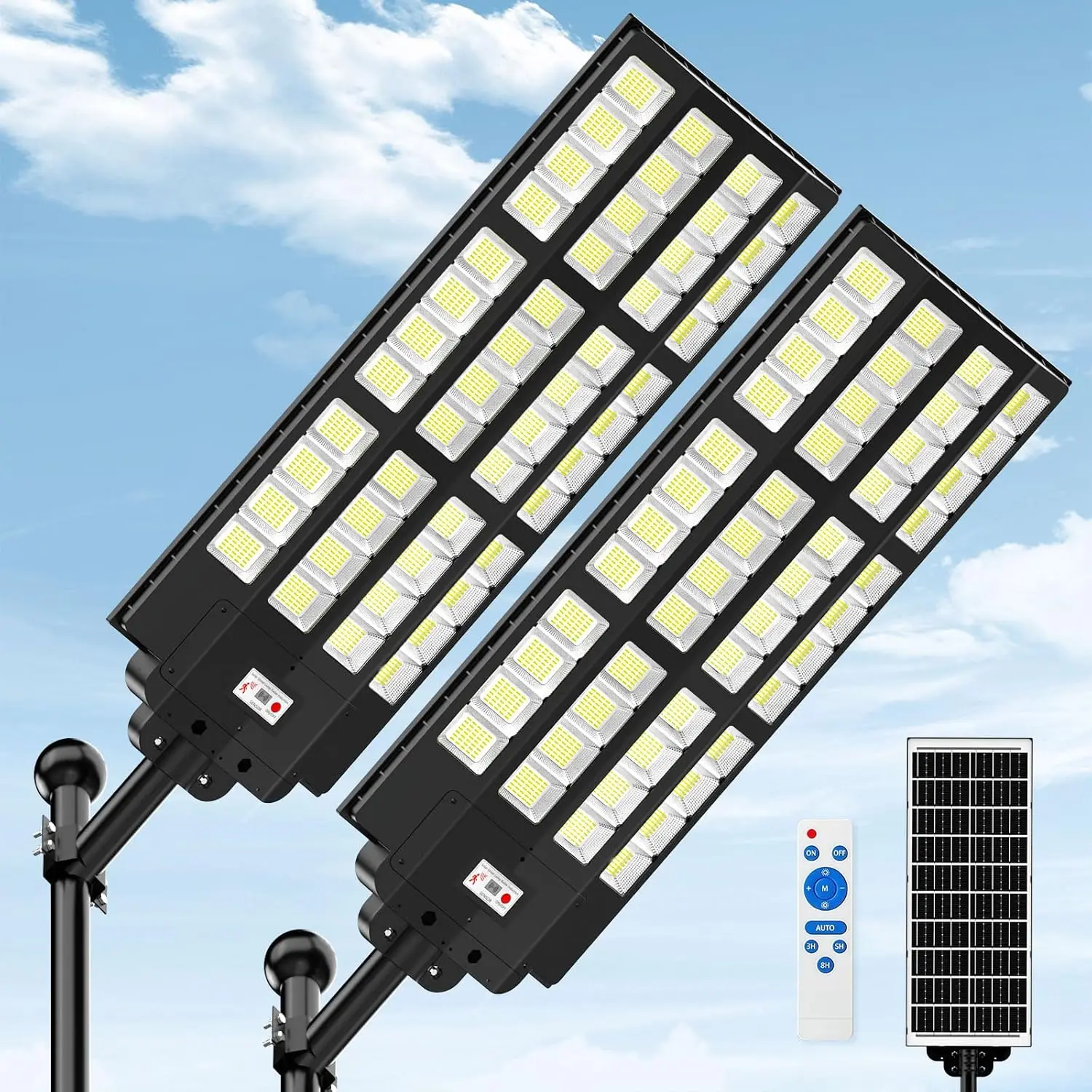 

15000W Large Solar Street Lights Outdoor Waterproof 2 Pack with Remote Control and Motion Sensor for Commercial Use
