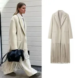 2024 Autumn Winter Fashion Tassel Solid Color O-neck Overcoat WomanLoose Temperament Long-sleeve Pocket Coat Female Streetwear