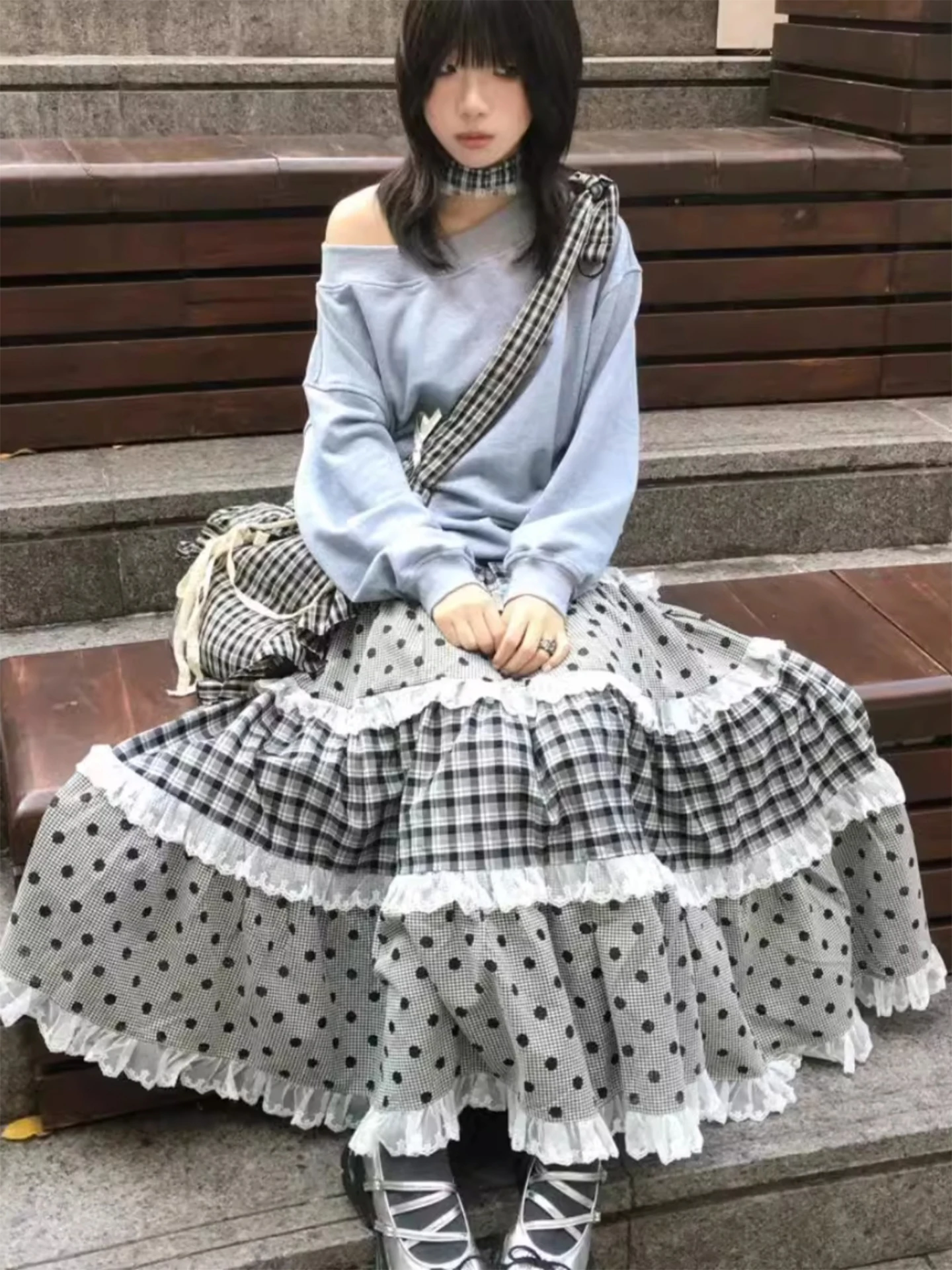 

Japanese Sle Plaid A-Line Skirt Women's Autumn Winter Flared f-length Skirt Multi-layer Lace High Waist Versatile C...