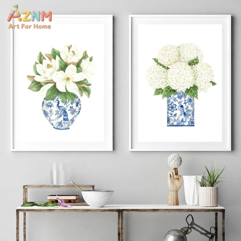 AZNM Frameless Canvas Wall Art, Watercolor Blue White Porcelain Vase Floral Print, Orchid Peony Magnolia Monstera Chinoiserie Bo