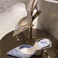 Spring and summer new pointed rhinestone beaded lace mesh shoes thin high-heeled banquet dress small size women's sandals