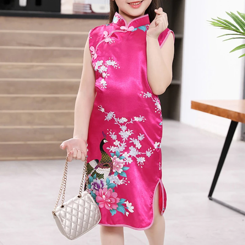 Cheongsam Dress Baby Girl Qipao Summer Clothes Peacock Sleeveless Slim Traditional Dress Child Girls Clothes Chinese Style