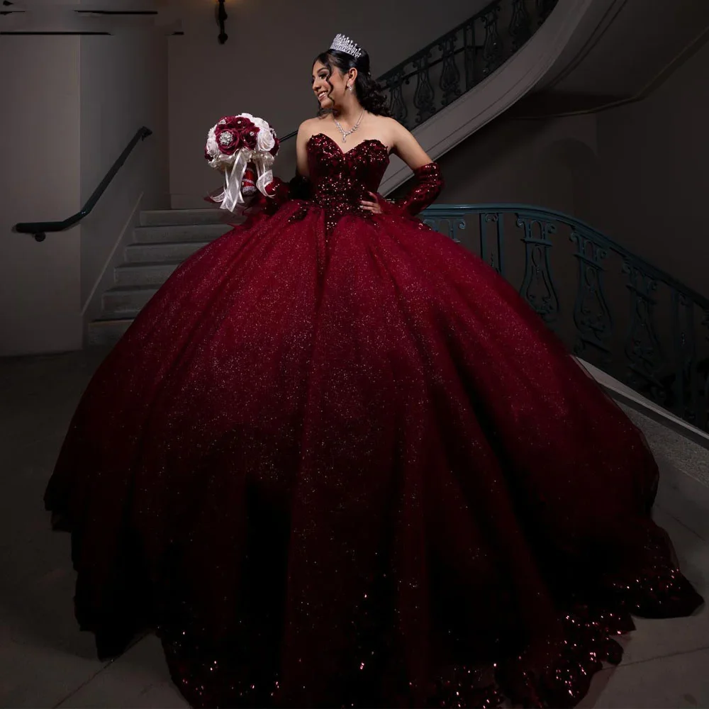 Angelsbridep-vestido de baile Borgoña con apliques de lentejuelas brillantes, vestidos de quinceañera de 15 años, escote corazón de princesa