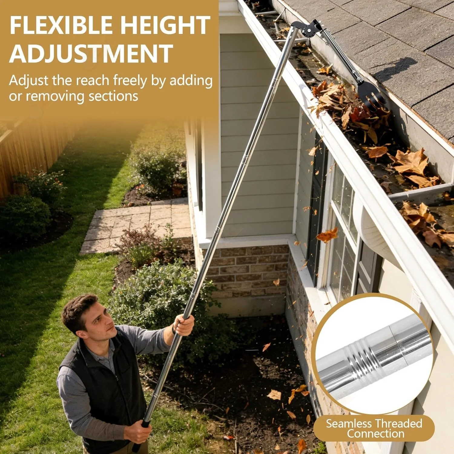 Eaves Gutter Cleaning Tool Adjustable Length Gutter Cleaning Rod with Gutter Rake
