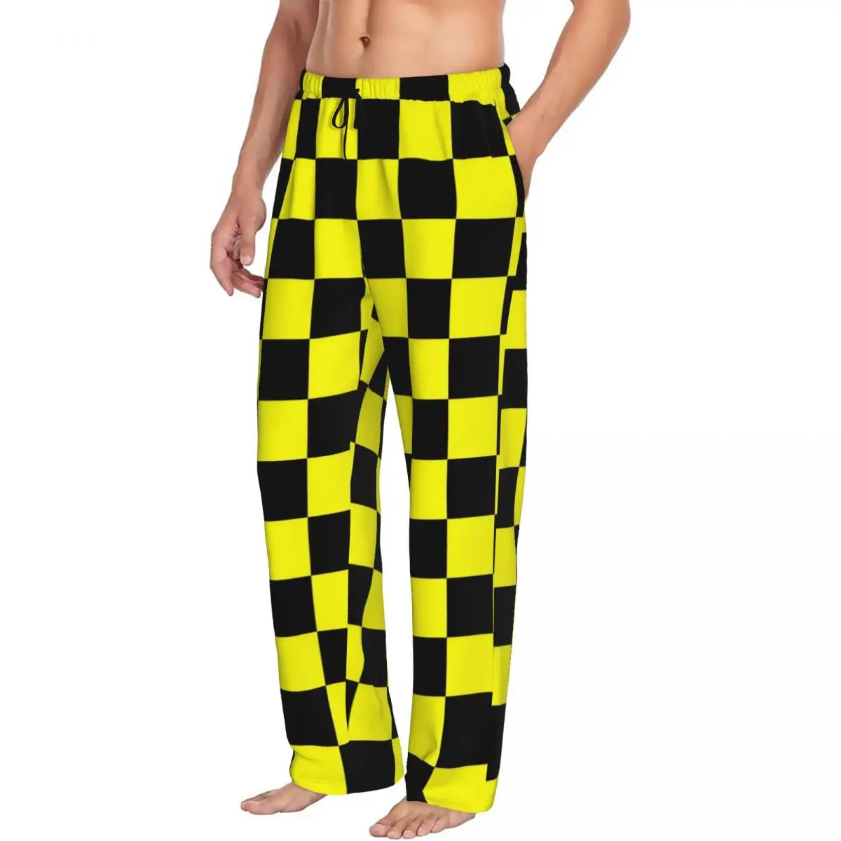 Custom Printed Men Checker Pajama Pants Yellow And Black Sleepwear Sleep Lounge Bottoms with Pockets