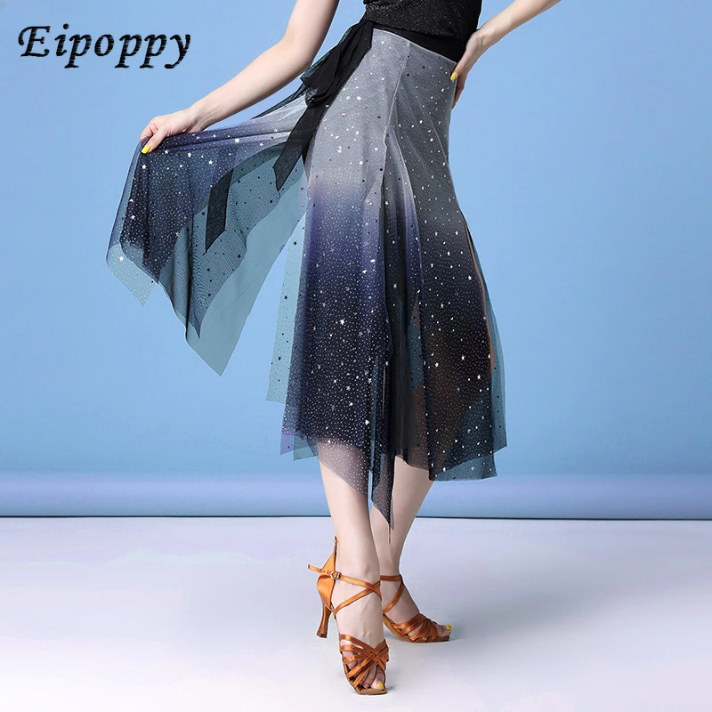 Latin Dance Wear Sexy Adult Starry Sky Sequin Yarn Hip Scarf Skirt Exercise Clothing Training Competition Costume