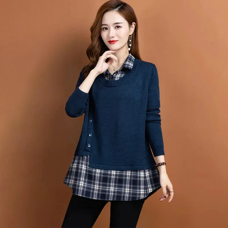 

Fake Two Piece Pullover Tops For Women Fashion Plaid Autumn Winter Lapel Shirt Loose Pull Femme Bottoming Sweater Knitwears