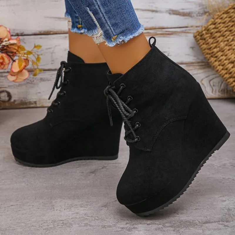 

2026 Modern High-heel Boots for Women Ankle Wedges Suede Ladies Shoes Splicing Fake Zip Belt Buckle Height Increasing Daily Wear