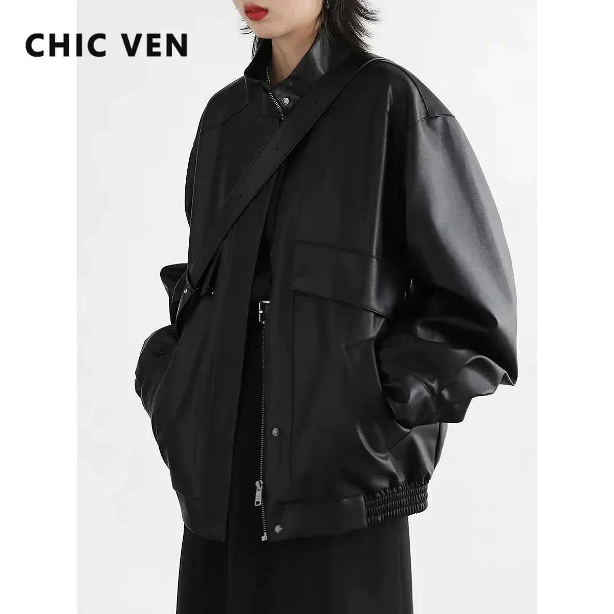 CHIC VENผู้หญิงเสื้อแขนยาวหนาคอPUเสื้อหนังFauxหญิงTop Quilted Overcoatฤดูใบไม้ร่วงฤดูหนาว 2024